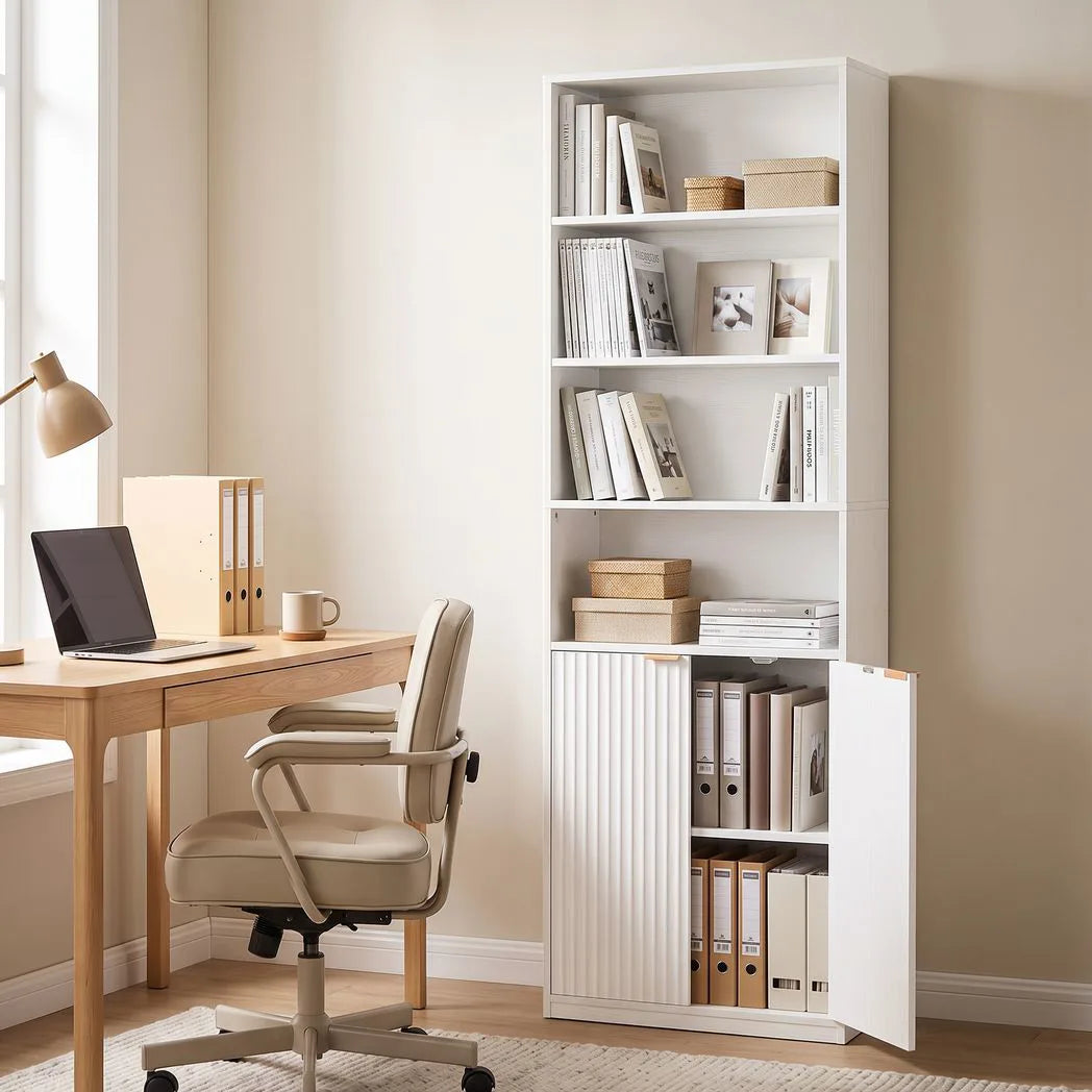 HOMCOM 6-Tier Slim Bookcase with Adjustable Shelf, Cabinet and Anti-Tip Hardware – Tall Bookshelf, White