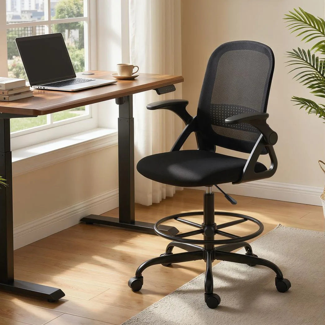 HOMCOM Painting Chair with Mesh Back, Adjustable Footrest & Flip-up Armrests – Sit-Stand Desk Chair, Black