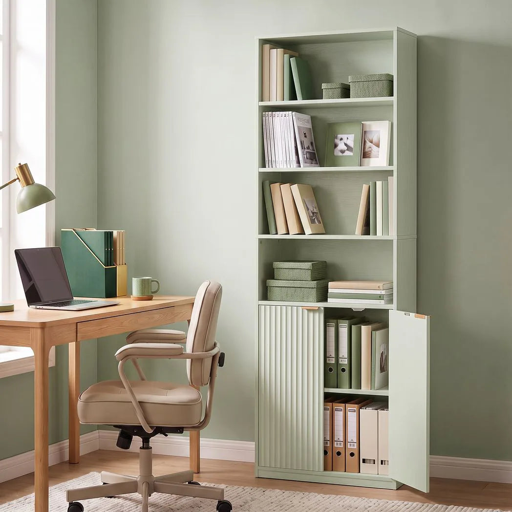 HOMCOM Slim 6-Tier Bookcase with Double-Door Cabinet and Anti-Tip Hardware – Adjustable Shelf, Light Green