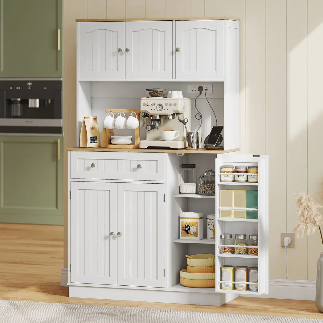 HOMCOM 173 cm Tall Kitchen Cupboard with Charging Station, Adjustable Shelves and 4 Door Racks – Pantry Storage Cabinet