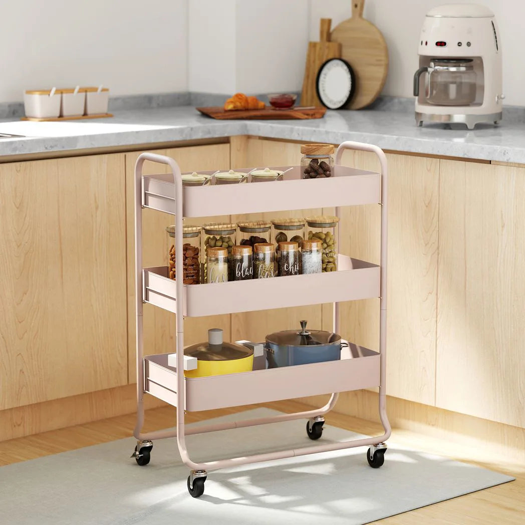 HOMCOM 3-Tier Storage Trolley on Wheels with Mesh Baskets – Rolling Utility Cart for Home, Light Pink