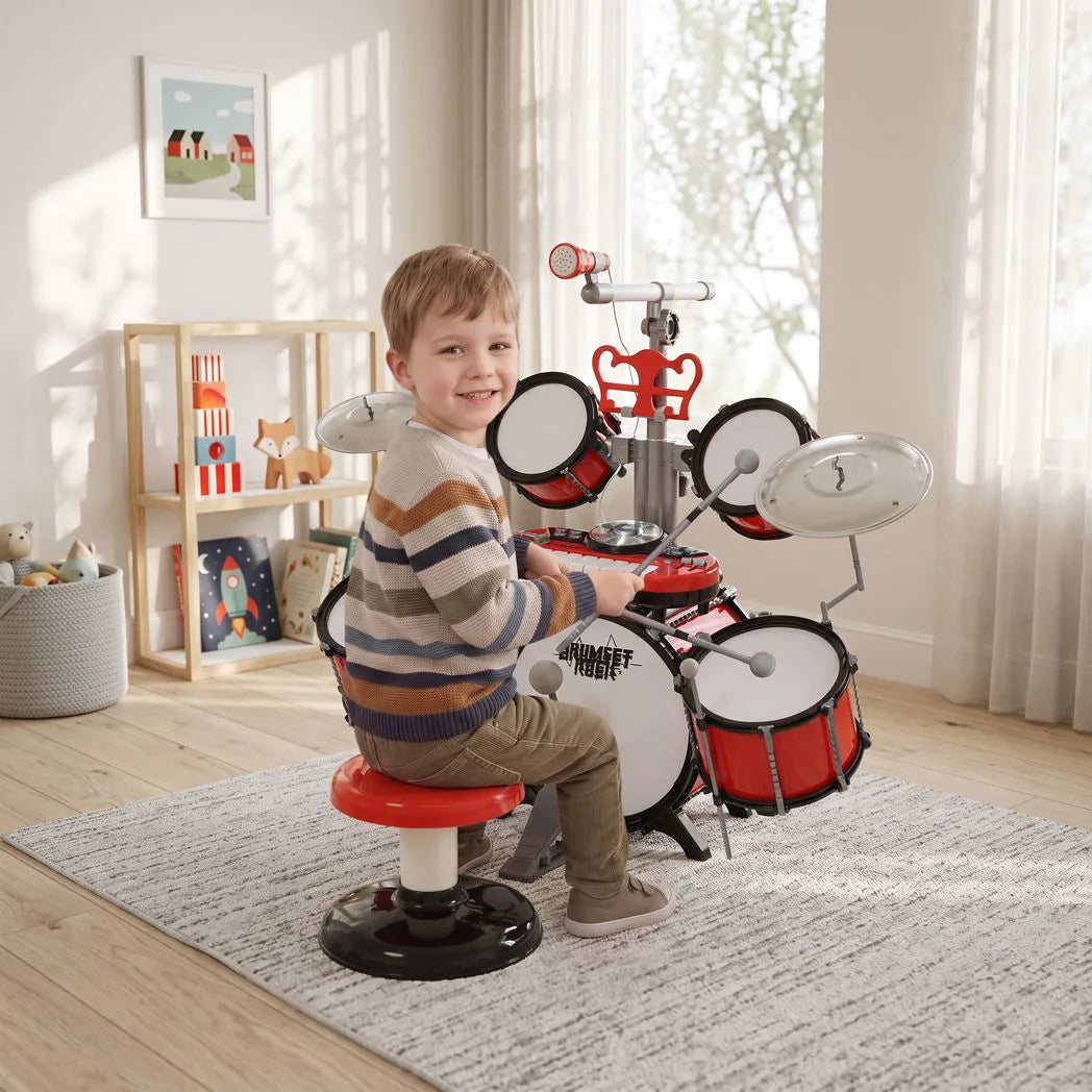 HOMCOM Kids Drum Set with Toy Microphone, Keyboard, Cymbals, Pedal & Stool – Educational Musical Toy for Beginners, Red