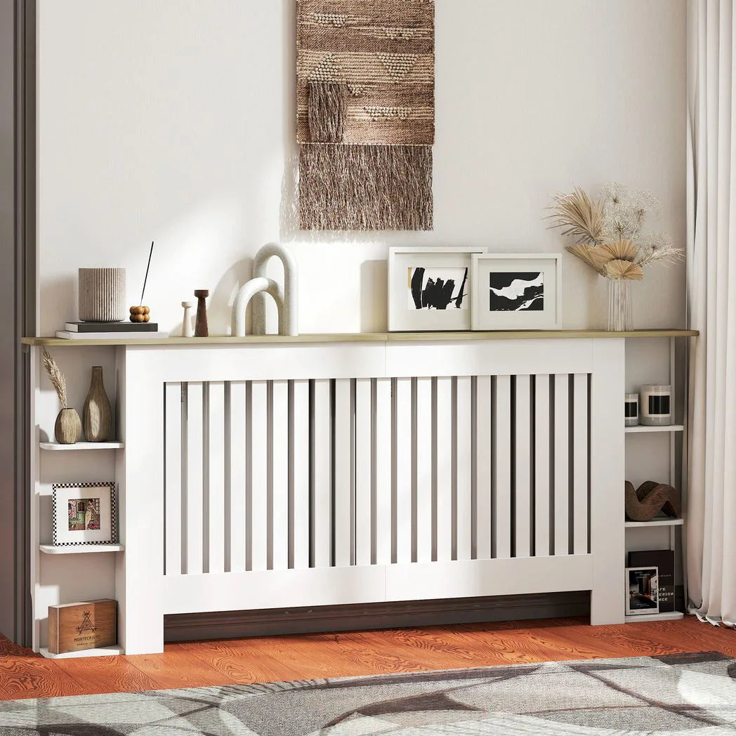 HOMCOM Extra Large Radiator Cover with Open Shelves – Vertical Slatted Heater Cabinet for Living Room, White
