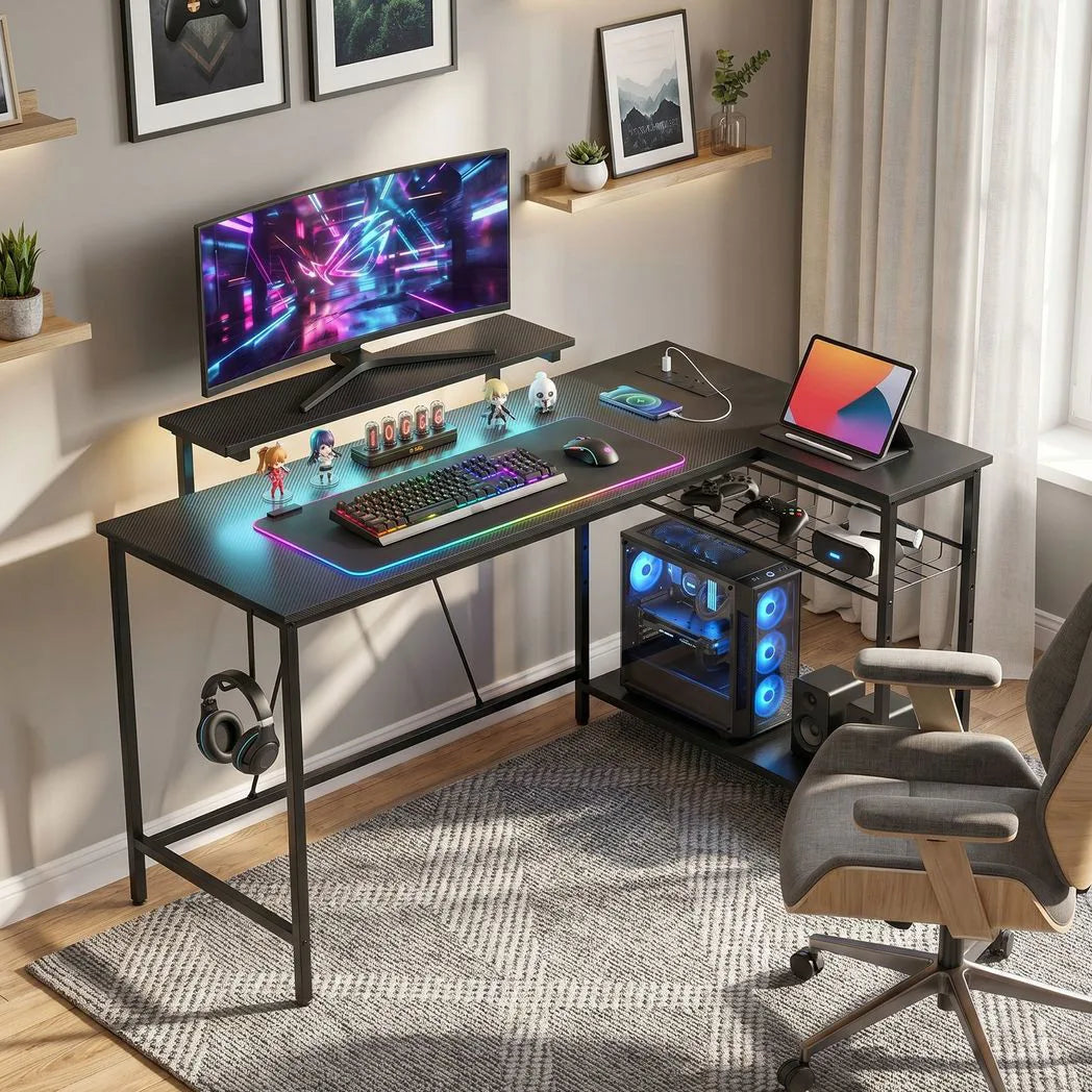 HOMCOM Reversible L-Shaped Gaming Desk with LED Lights, Monitor Stand & Power Outlets – Home Office, Black