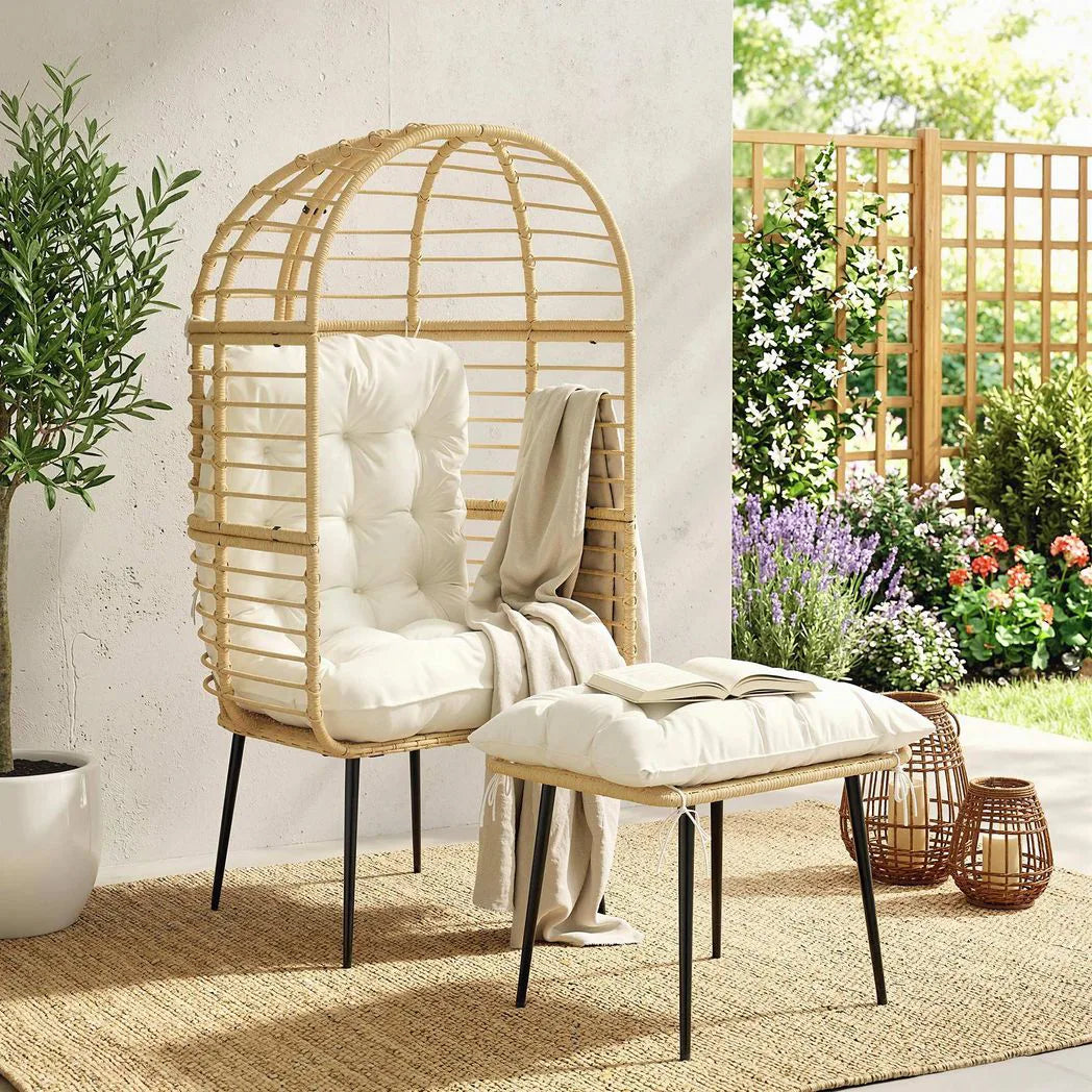 Outsunny Rattan Egg Chair with Footstool and Thick Cushions – Indoor Outdoor Garden Lounge Set, Beige
