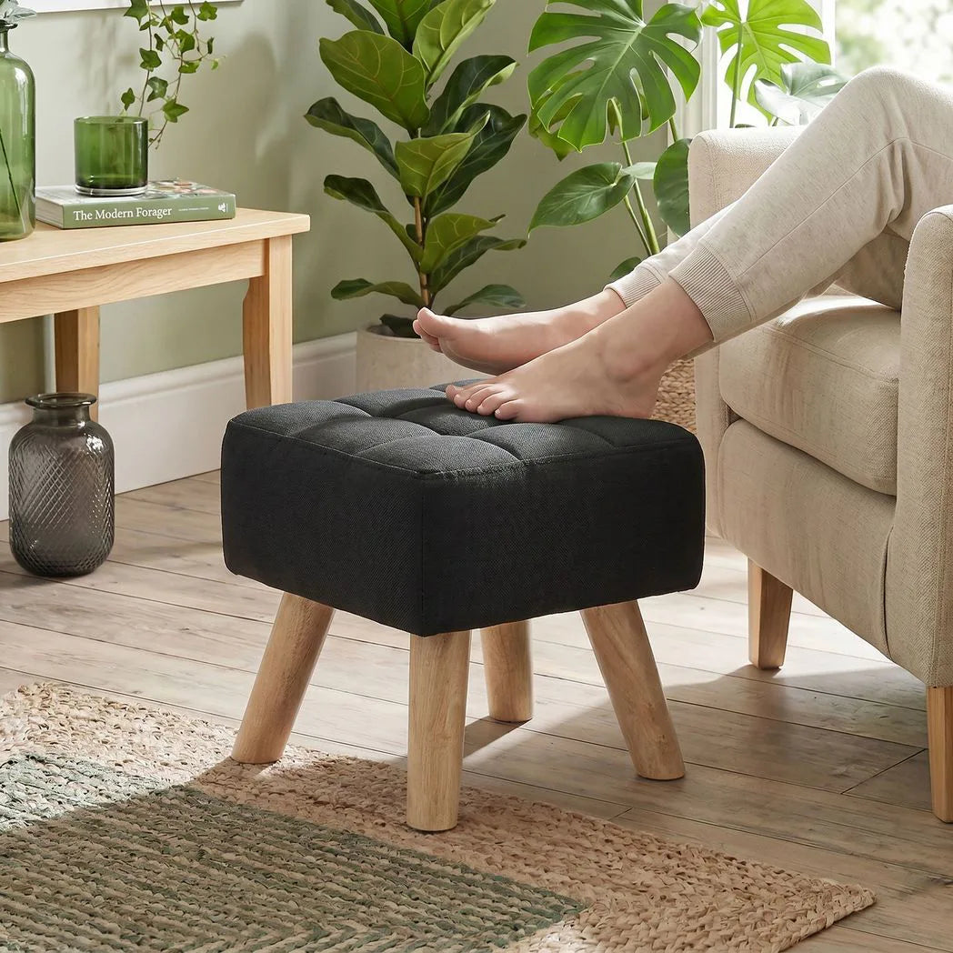 HOMCOM Linen-Look Square Padded Footstool with Wooden Legs – Leg Rest and Vanity Stool, Black