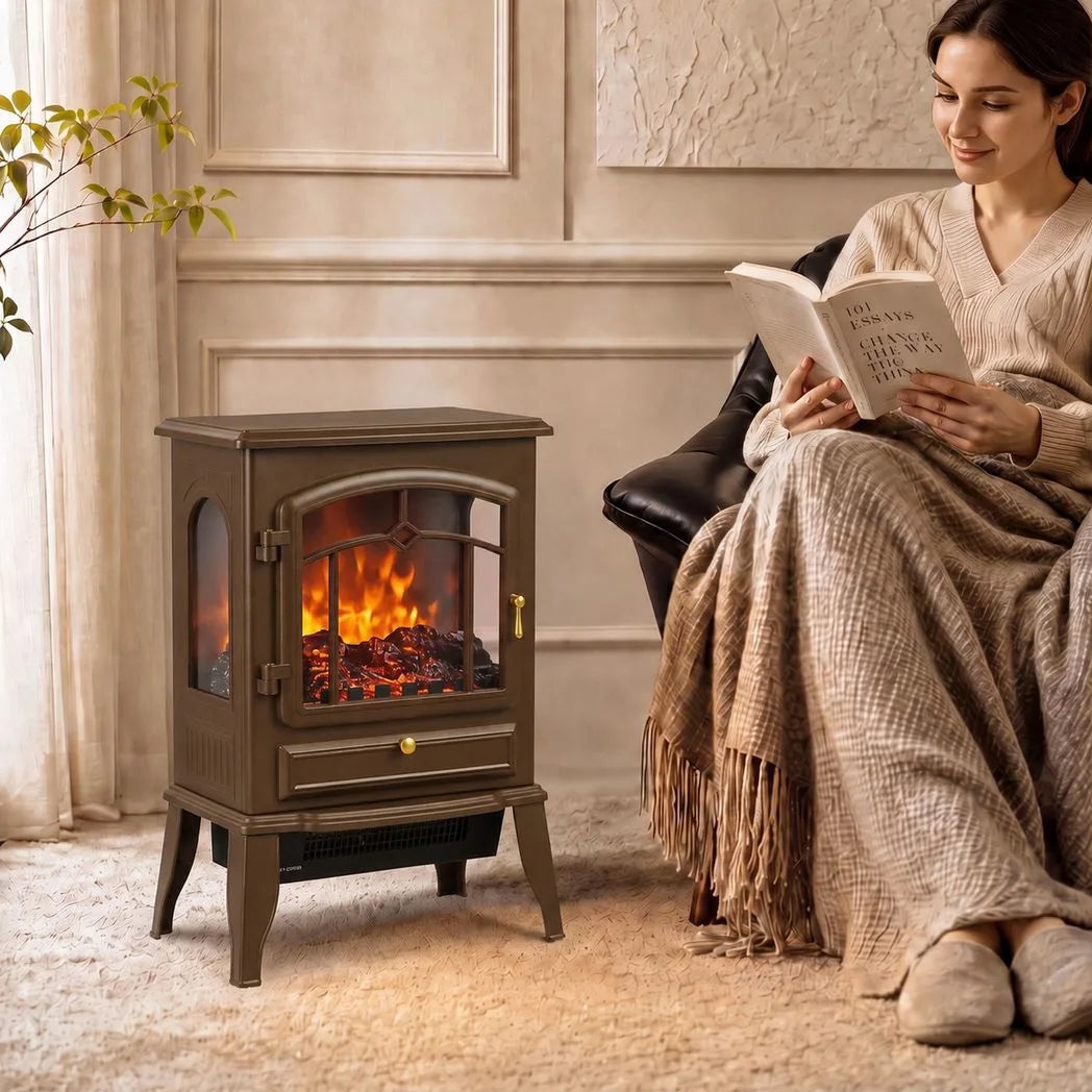HOMCOM 3-Sided Electric Fireplace Stove, 1000W/2000W Freestanding Heater with 3D Flame Log – Brown