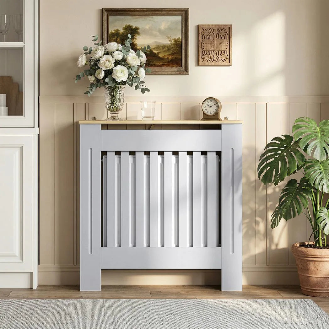 HOMCOM Slatted Radiator Cover with Top Shelf and Anti-Toppling Design – Painted MDF Heater Cabinet, Grey