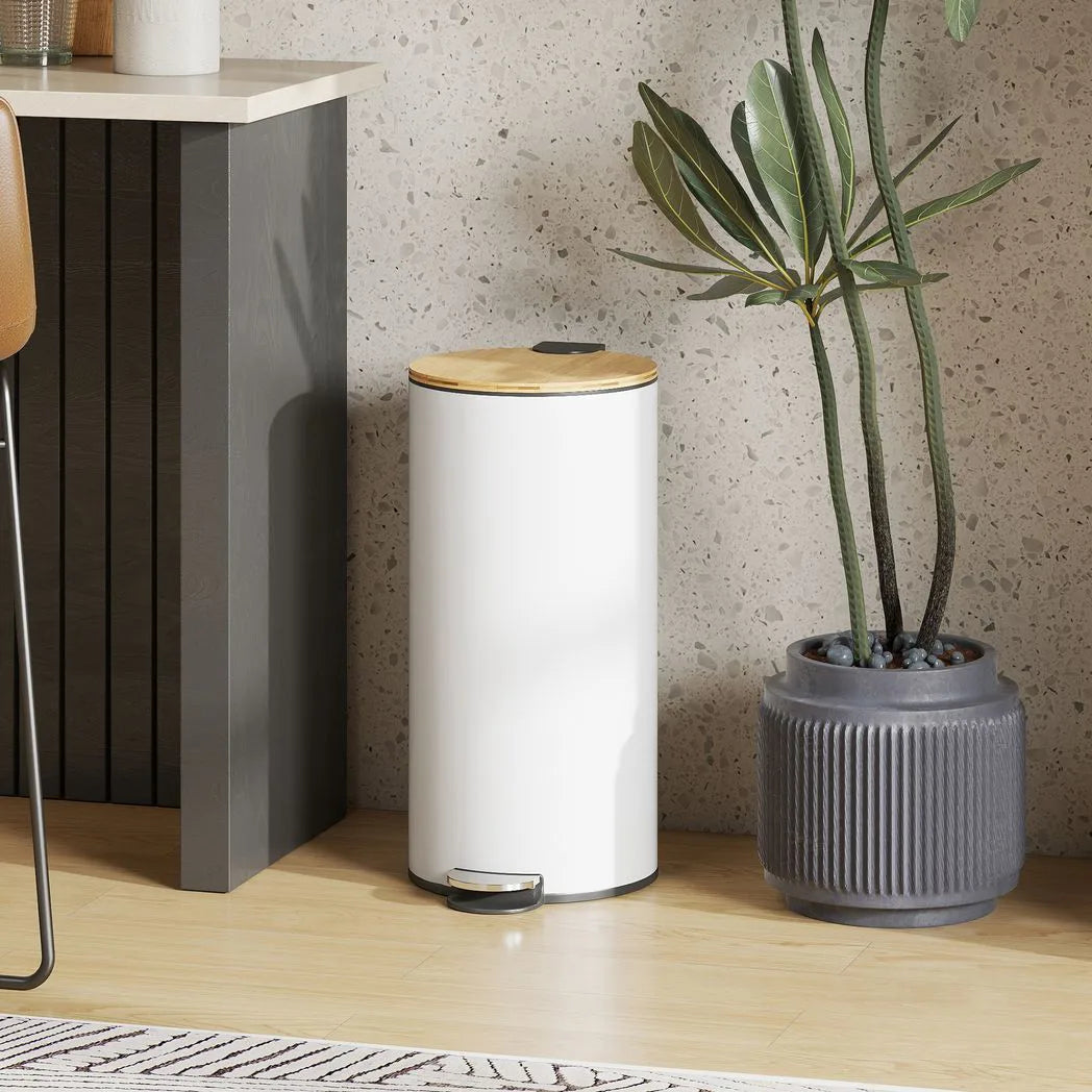 HOMCOM 30L Kitchen Pedal Bin with Removable Bucket and Soft-Close Lid – Fingerprint-Resistant, White and Natural