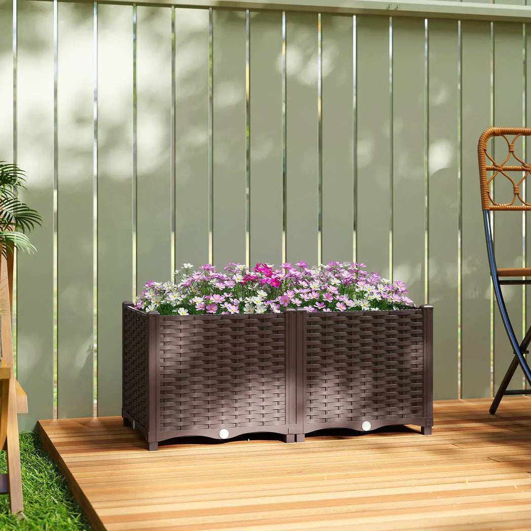 Outsunny Self-Watering Raised Garden Bed with Legs – Rattan-Effect Plastic Planter Boxes, 80 x 40cm