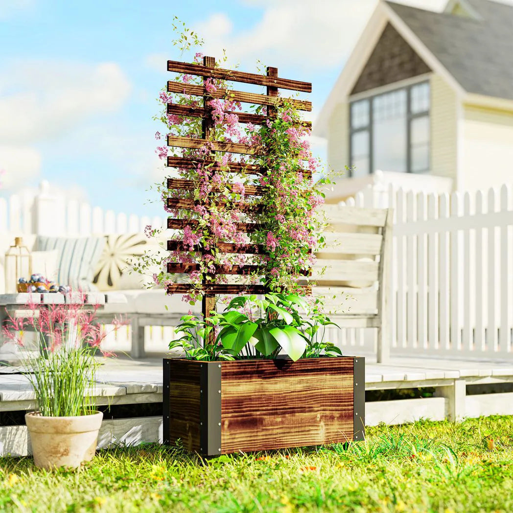 Outsunny Mobile Raised Garden Bed with Trellis and Wheels – Solid Wood Planter with Metal Corners, Brown