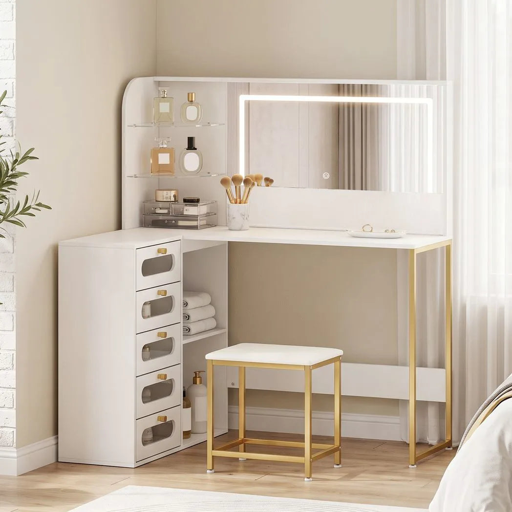HOMCOM L-Shaped Dressing Table with LED Mirror, Stool, 5 Drawers and Glass Shelves – Bedroom Vanity, White