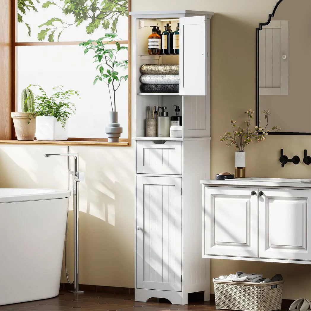 HOMCOM Slim Tall Bathroom Storage Cabinet with Motion Sensor LED Lights, Drawer & Adjustable Shelf – White