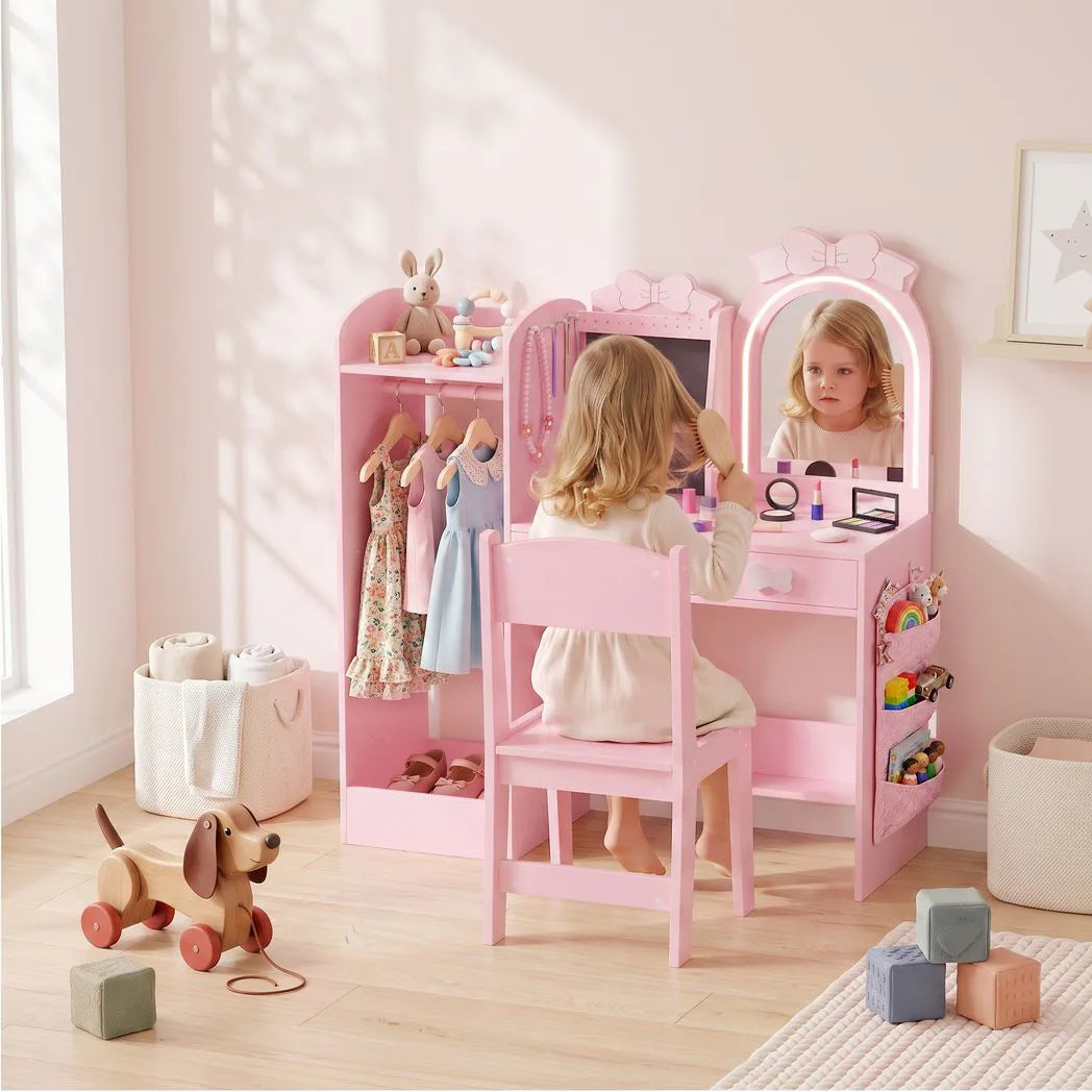 AIYAPLAY 3-in-1 Kids Dressing Table with Stool, Light-Up Mirror and Clothes Rack – Vanity Set Ages 3-8, Pink