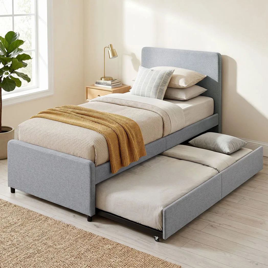 HOMCOM 3ft Single Upholstered Trundle Bed Frame with Headboard and Footboard – Pull-Out Guest Bed, Light Grey