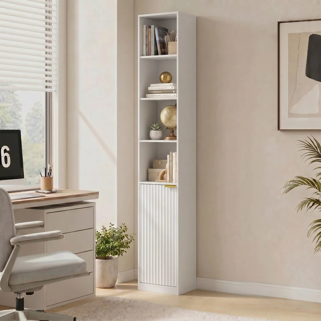 HOMCOM 6-Tier Bookcase with Adjustable Shelf, Cabinet and Anti-Tip Hardware – White Wood Effect