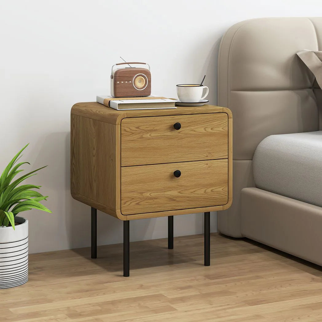 HOMCOM Bedside Table with 2 Drawers and Steel Legs – Rounded Nightstand for Bedroom and Living Room, Oak