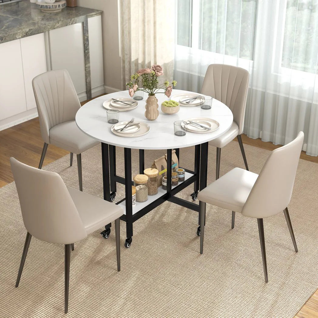 HOMCOM Folding Drop Leaf Dining Table with Open Shelf and Lockable Wheels – Small Spaces, White Marble