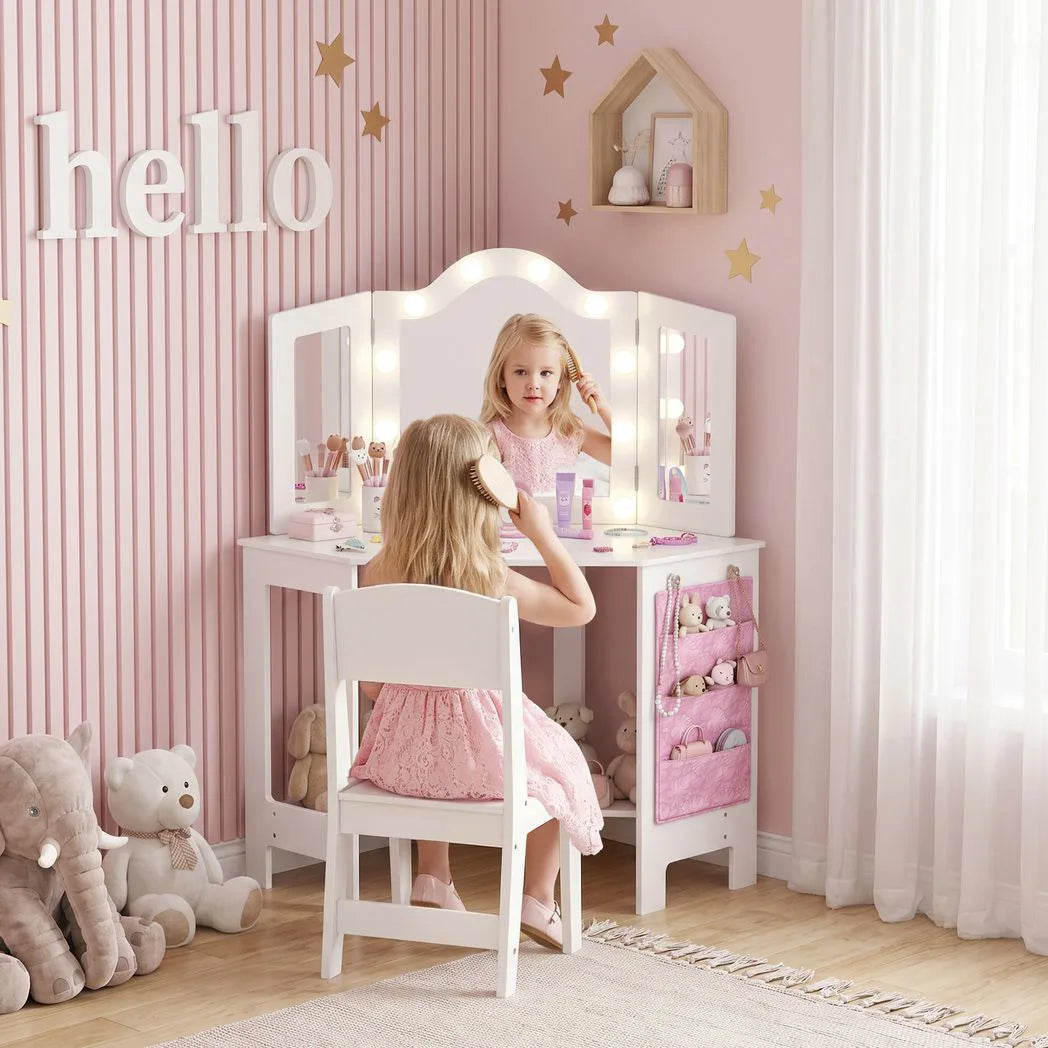 AIYAPLAY Kids Dressing Table and Stool Set with 2-Colour LED Lights, Tri-Folding Mirror and Side Pocket, White