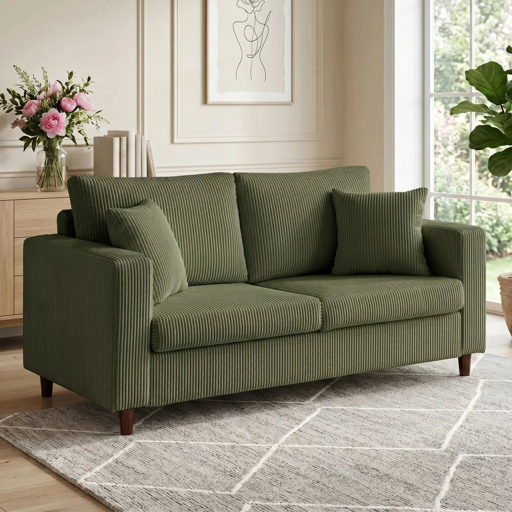 HOMCOM Corduroy 2 Seater Sofa with Wide Seat and Pocket Spring Cushions – Loveseat Couch, Green