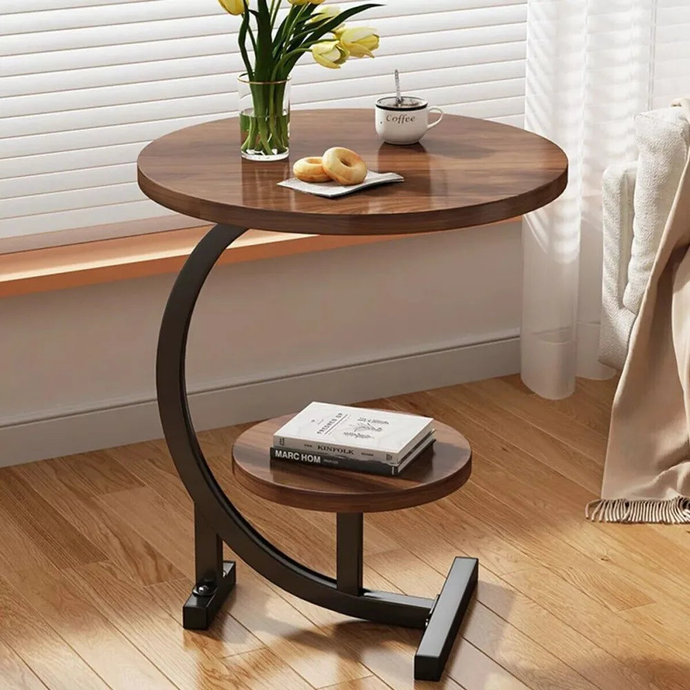 C-Shaped Side Table with Wood-Grain Top and Iron Legs – Slide-Under Sofa and Bedside Table, Walnut