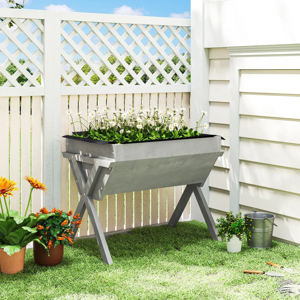 Outsunny Wooden Raised Garden Bed with Legs and Bed Liner – Elevated Fir Wood Planter Box, 178L, Light Grey