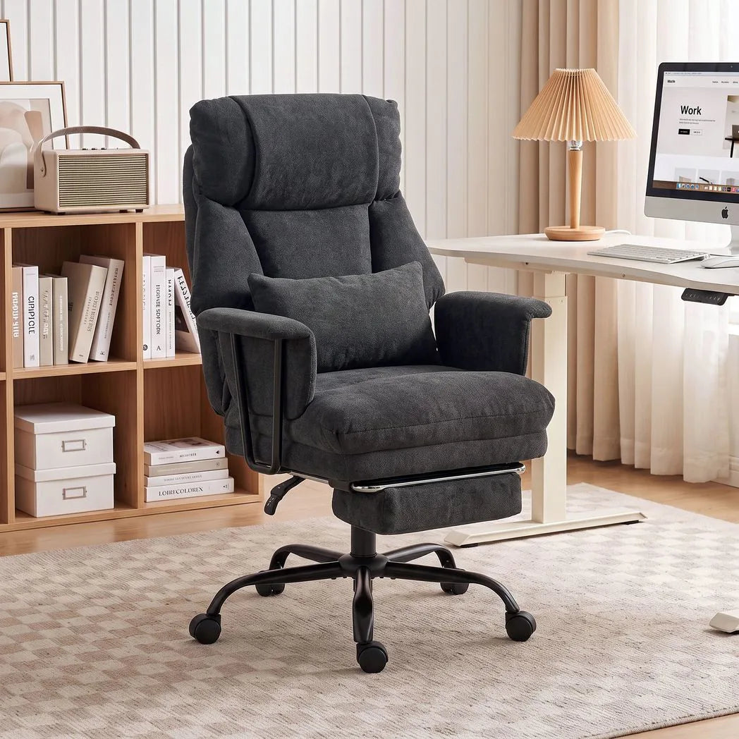 HOMCOM Heavy Duty Office Chair with Lumbar Support, Spring Cushion and Footrest, 180kg – Reclining Linen Desk Chair, Black