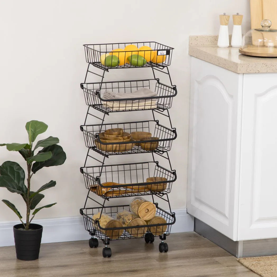 HOMCOM 5-Tier Stackable Storage Trolley – Fruit and Vegetable Cart for Kitchen and Living Room with Lockable Wheels, Black