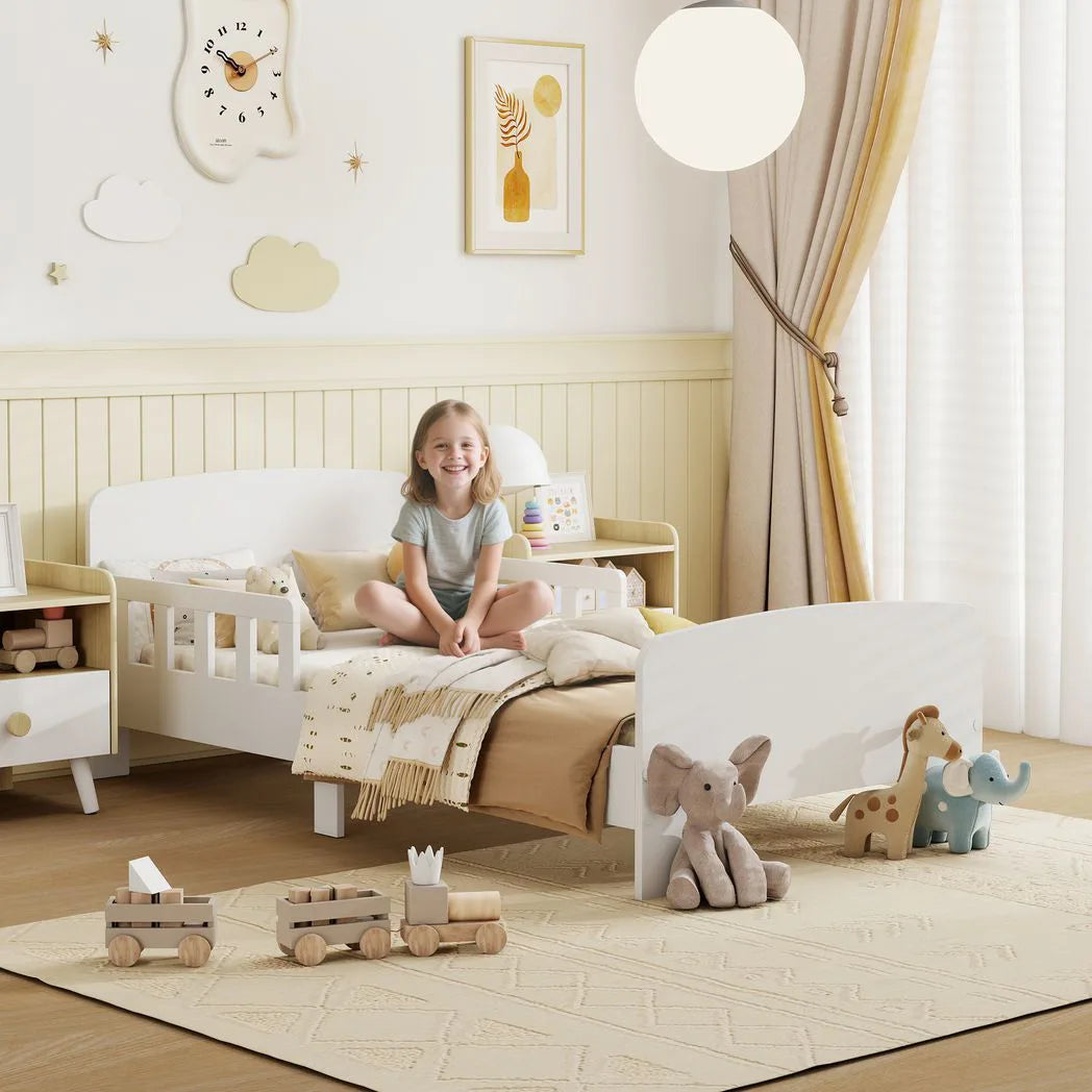 AIYAPLAY Toddler Bed Frame with Safety Side Rails – White Kids Bed for Ages 3-8 Years