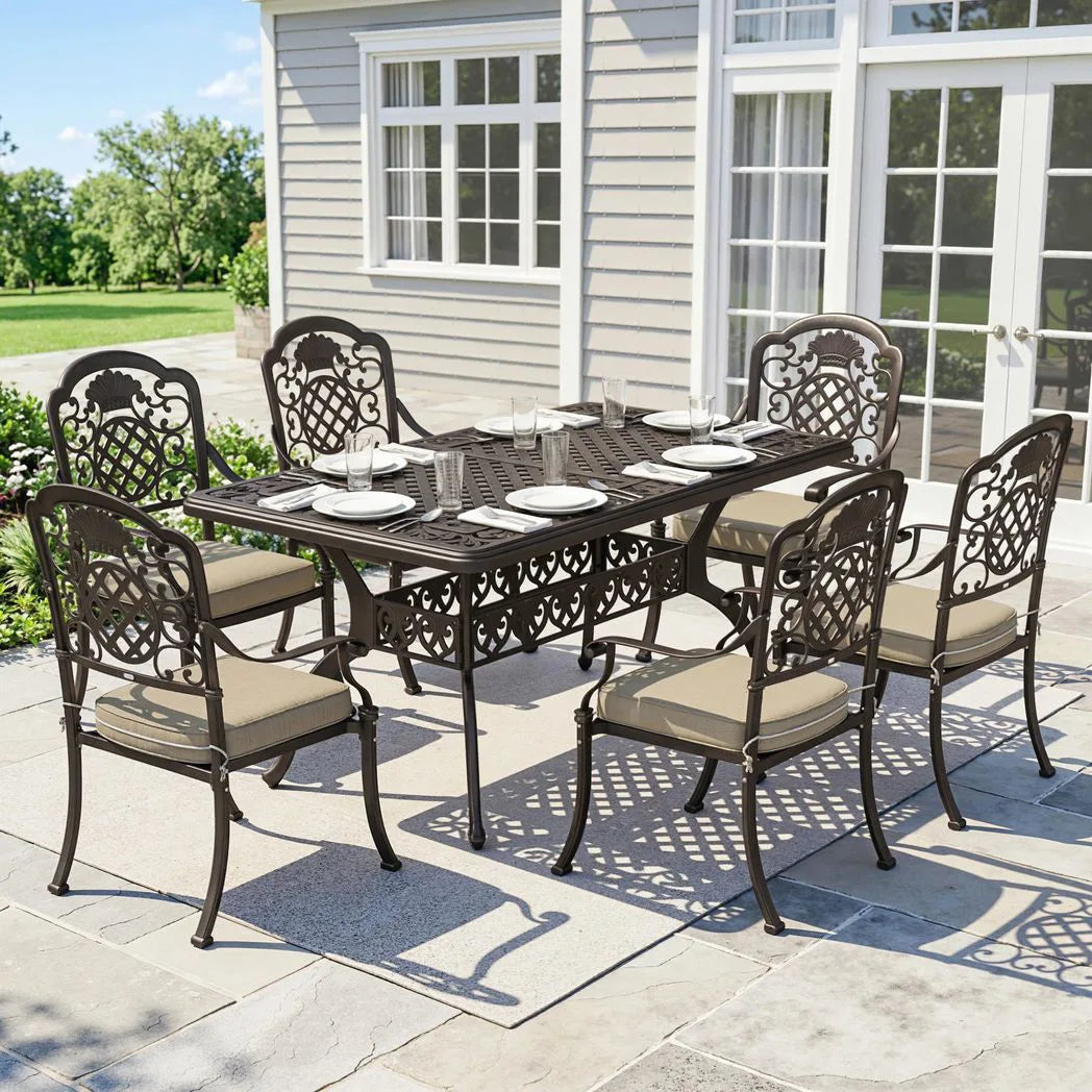 Outsunny 7-Piece Cast Aluminium Garden Dining Set for 6 with Cushions & Parasol Hole – Bronze Tone