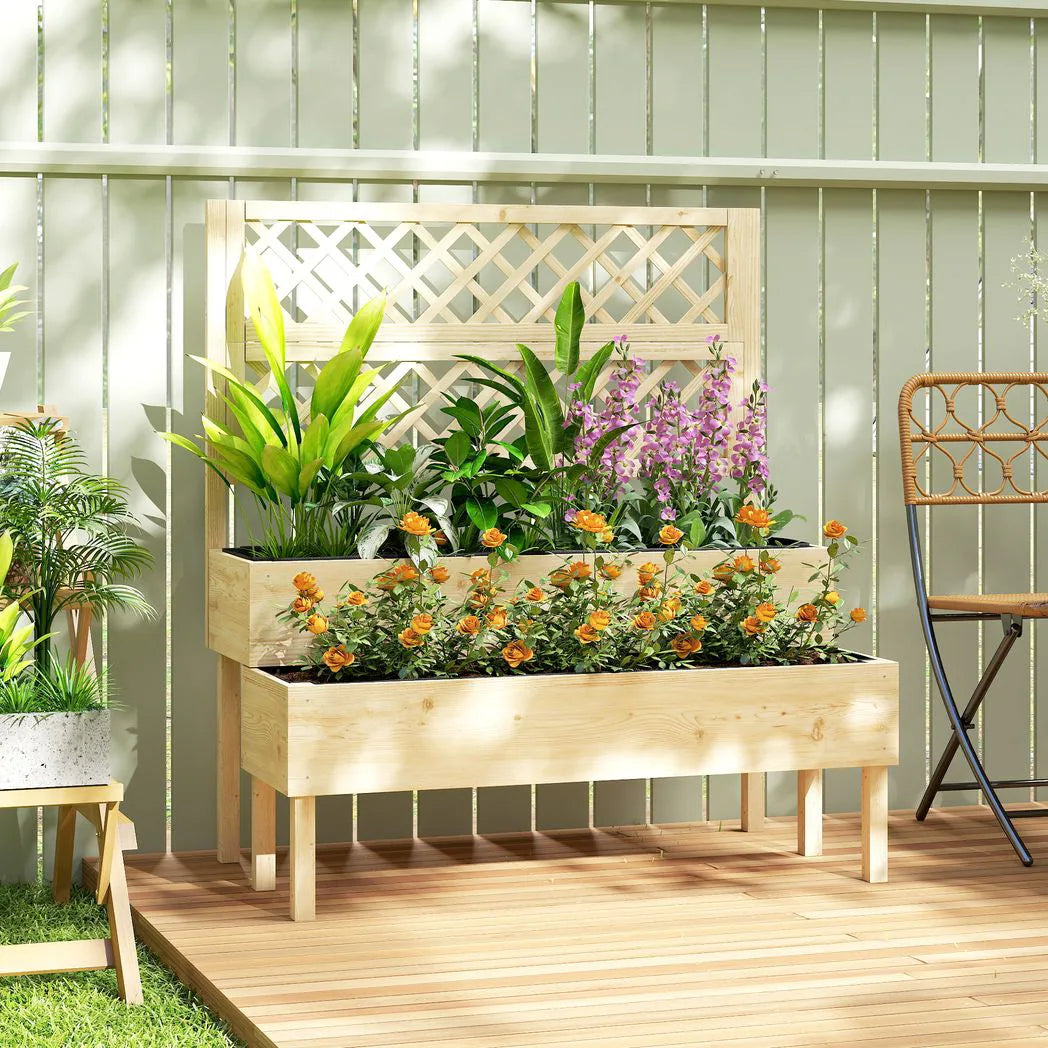 Outsunny 2-Tier Raised Garden Bed with Trellis for Climbing Plants – Stepped Wooden Planter, 108 x 62 x 120cm