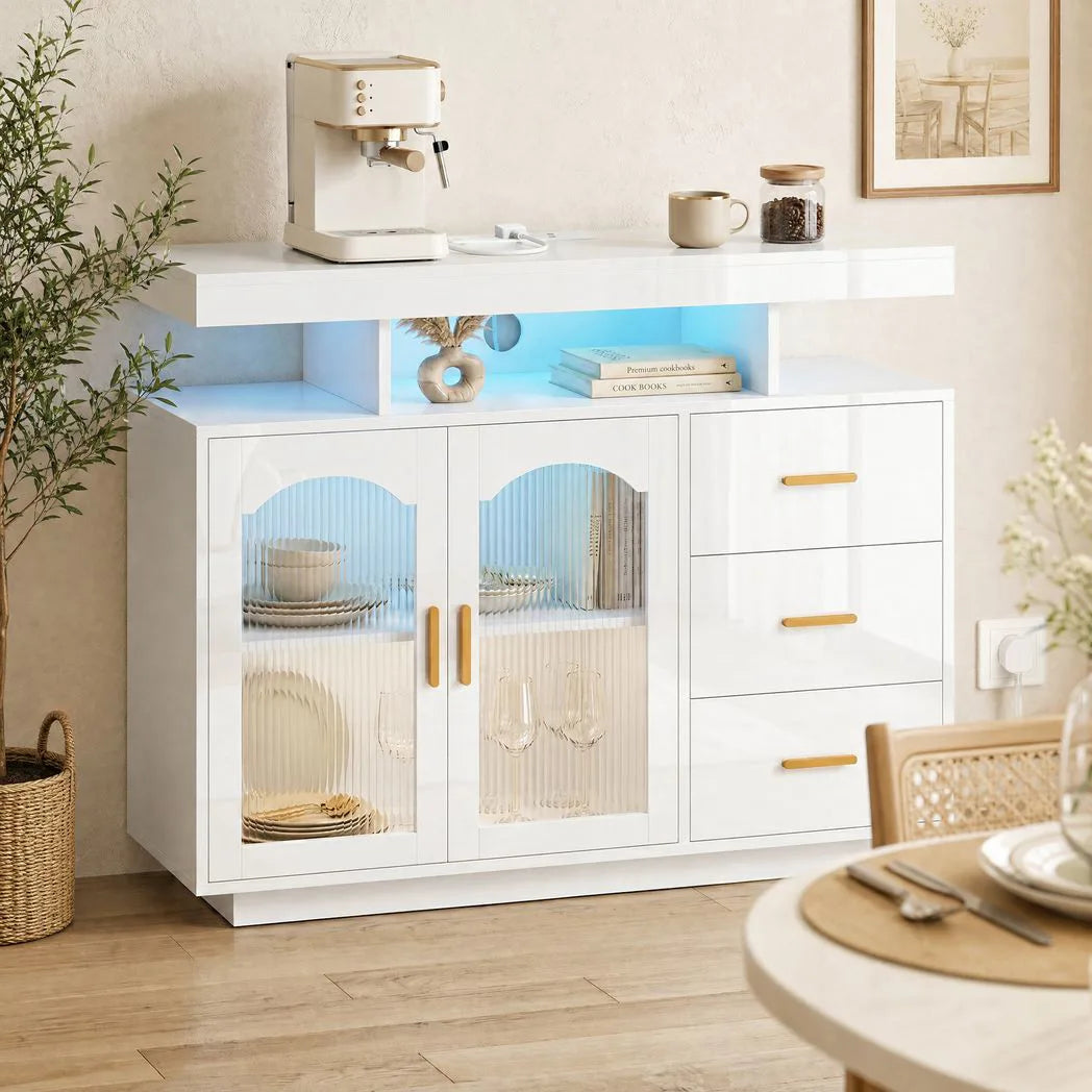 HOMCOM High Gloss Sideboard with RGB LED Lights, Power Outlets, 3 Drawers and Acrylic Doors, White