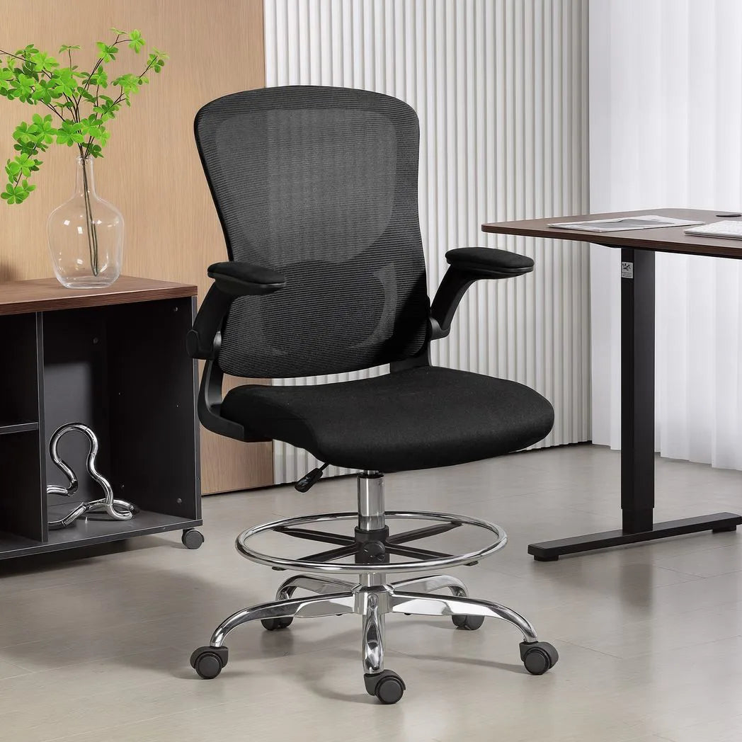HOMCOM Draughtsman Chair with Adjustable Lumbar & Flip-up Armrests – Mesh Back Drafting Chair, Black