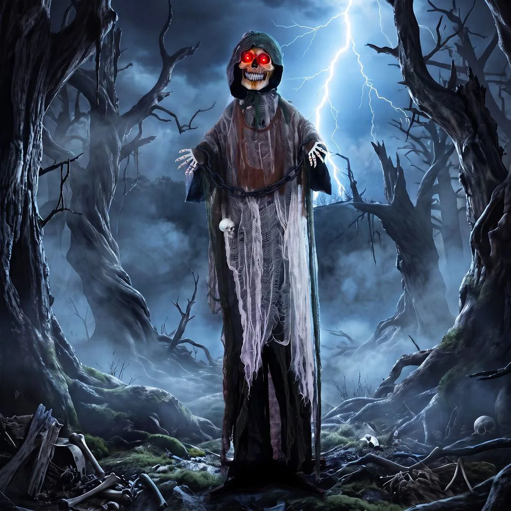 HOMCOM 170cm Animated Grim Reaper with Moving Head & Hands, Glowing Eyes and Sound – Halloween Animatronic Decoration