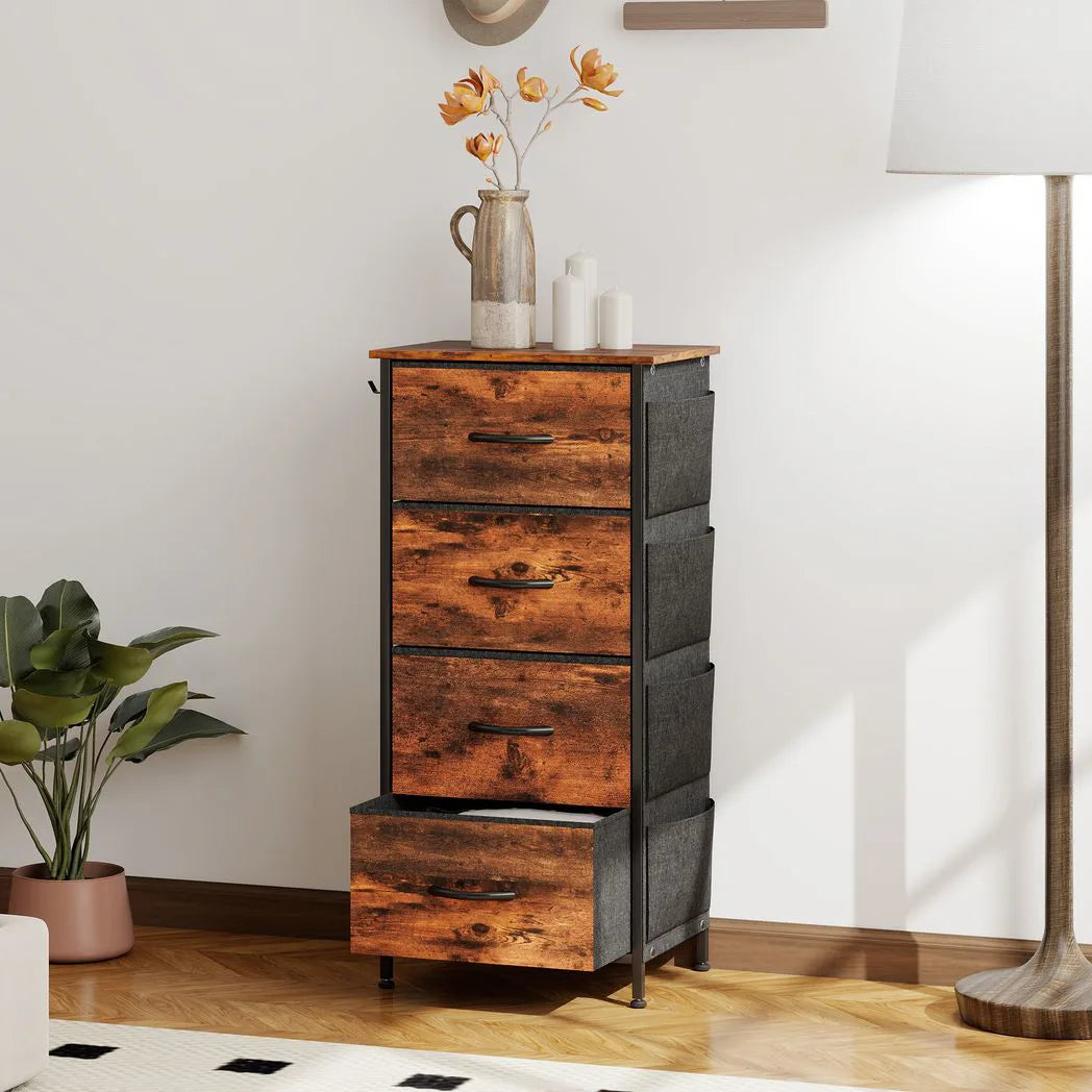 HOMCOM Four Fabric Drawer Chest with Steel Frame, Pockets and Anti-Tipping Kit – Rustic Brown
