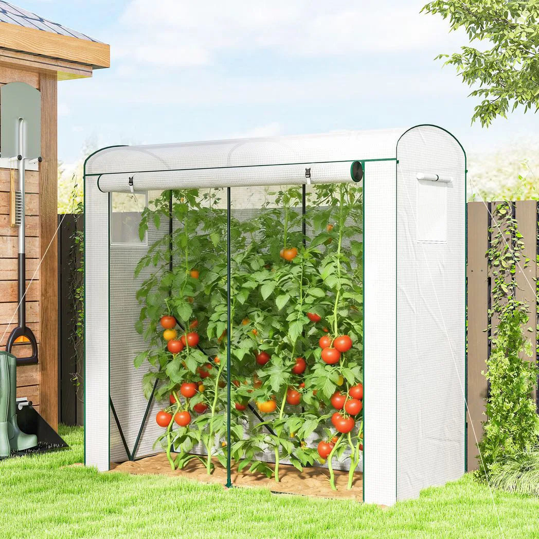Outsunny Mini Greenhouse with Roll-Up Door & 2 Mesh Windows – Steel Frame, PE Cover, 200 x 75 x 188cm, White