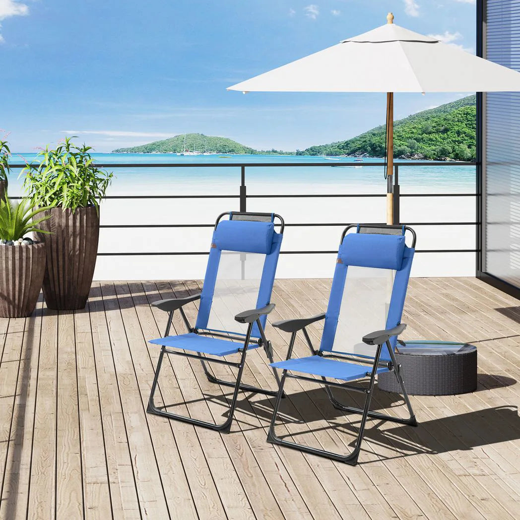 Outsunny Folding Garden Chairs Set of 2 with 5-Position Reclining High Back, Headrests & Texteline Seats – Outdoor Patio Chairs, Blue