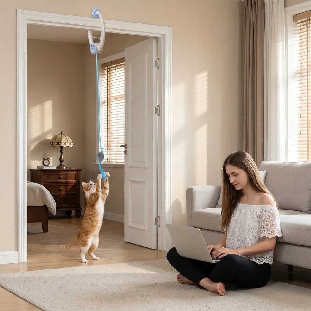 PawHut Interactive Cat Toy with Door-Hanging Bouncing Mouse Teaser – USB Rechargeable Indoor Play for Cats