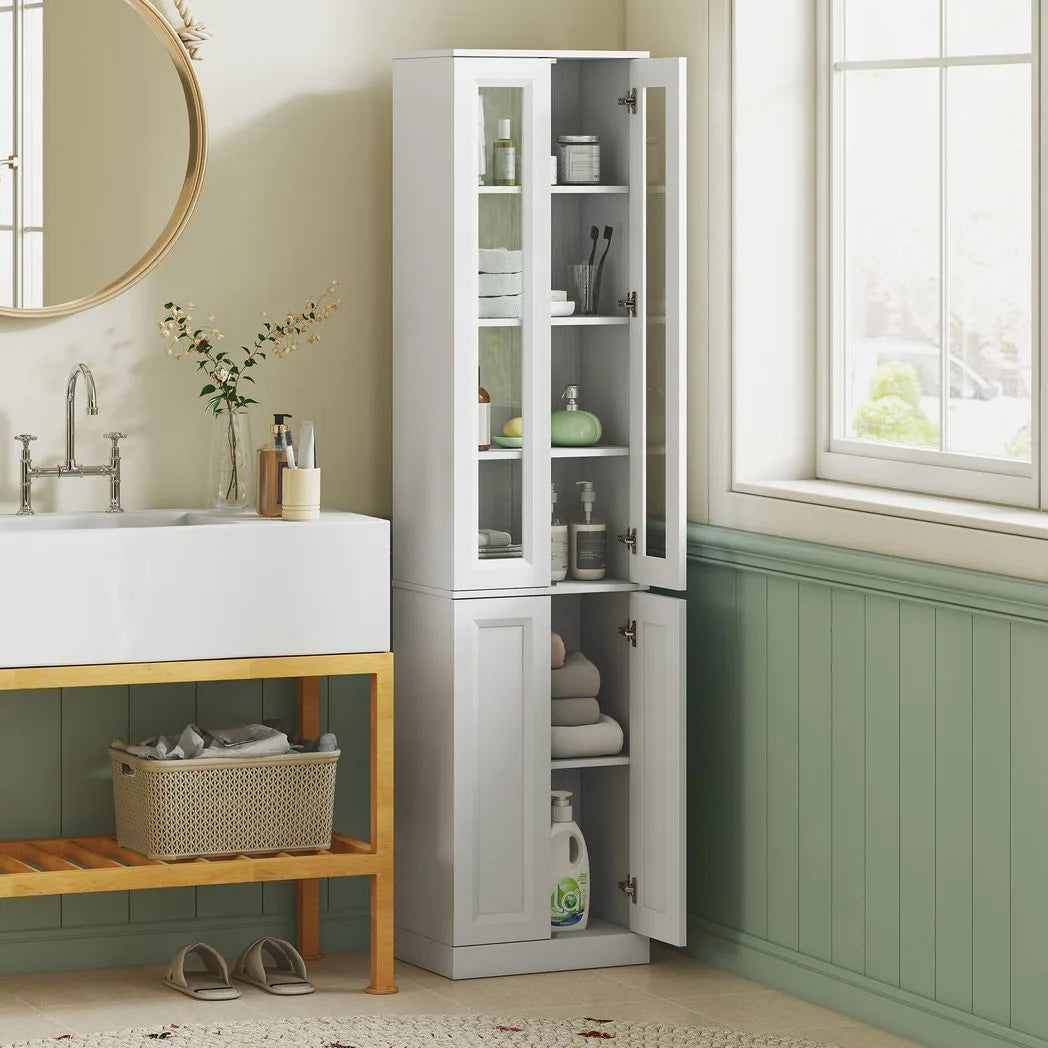 HOMCOM Tall Bathroom Storage Cabinet with 6 Tiers, Adjustable Shelf and 4 Soft-Close Doors – Slim Floor Cabinet, White
