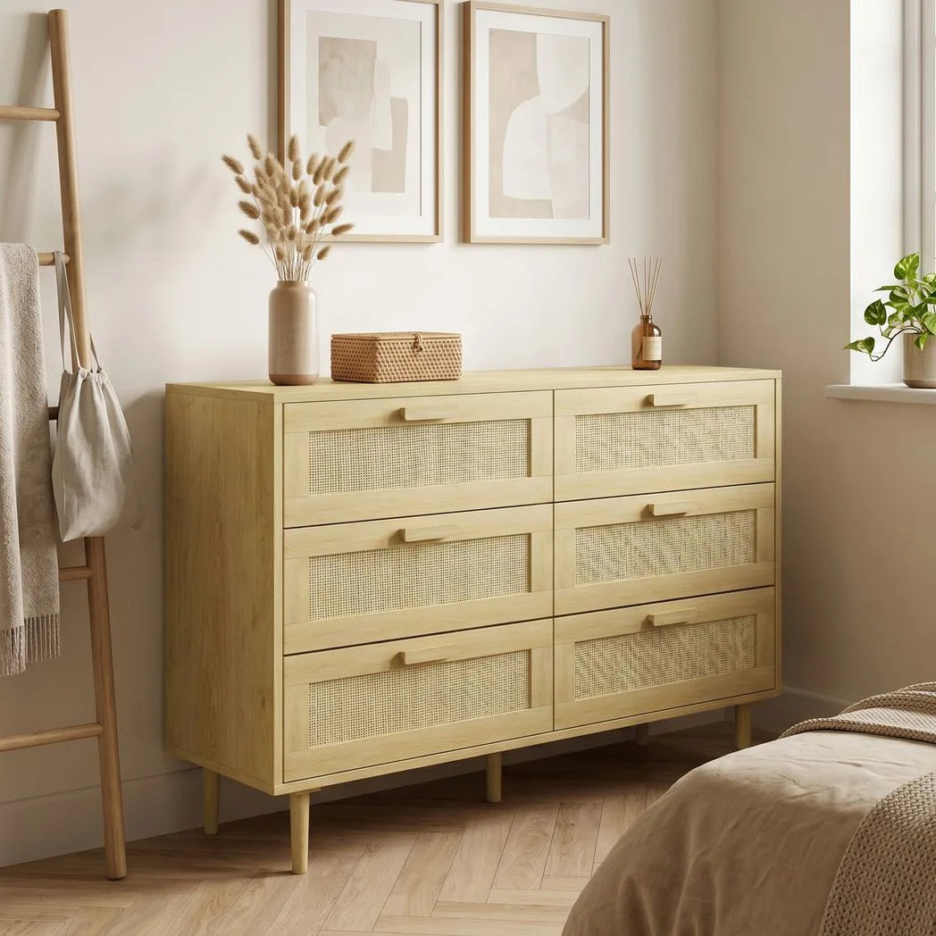 HOMCOM 6-Drawer Tall Chest of Drawers with Rattan Elements – Boho Bedroom and Living Room Storage Unit, Oak
