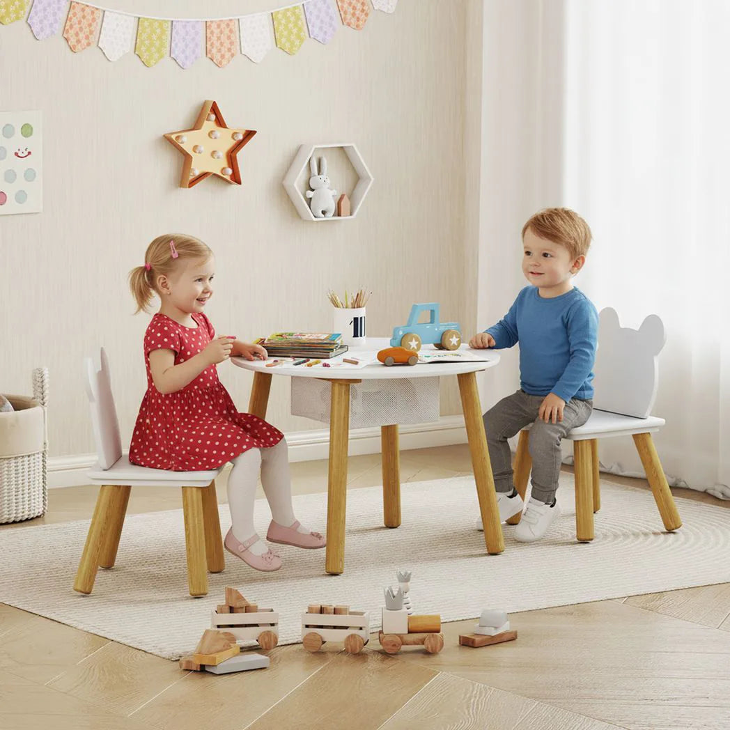 AIYAPLAY 3-Piece Kids Activity Table and Chairs Set with Storage Mesh Bag, Bear Backrests – White