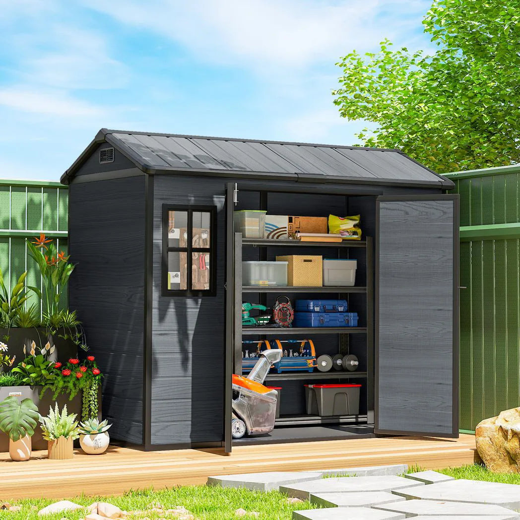 Outsunny 8 x 4ft Wood-Effect Resin Garden Shed with Floor, Windows & Lockable Doors – Outdoor Storage, Dark Grey