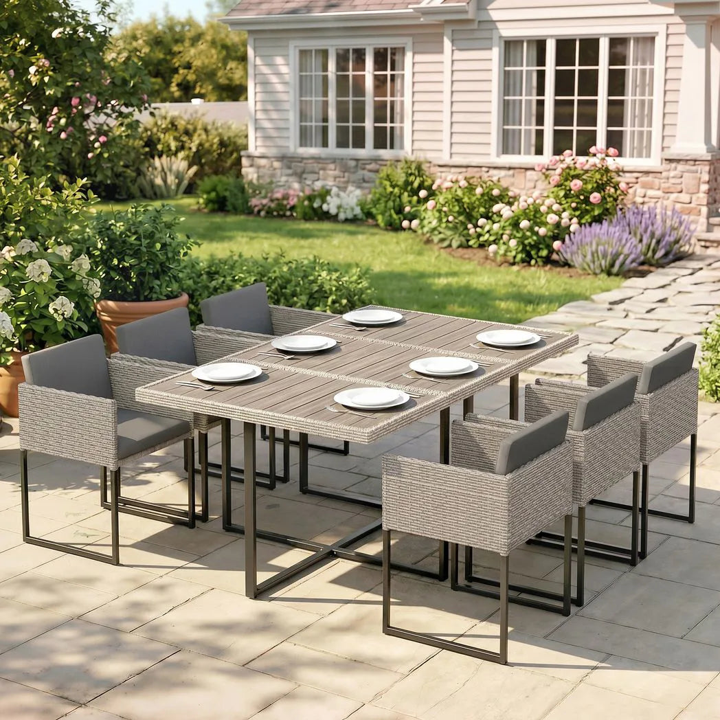 Outsunny 7 Piece Rattan Garden Dining Set with Wood-Plastic Table, 6 Stackable Chairs – Light Grey