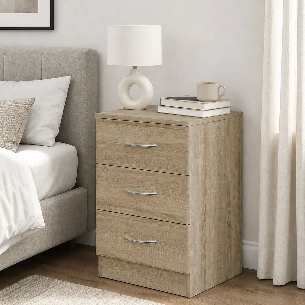 HOMCOM Three-Drawer Bedside Table with Non-Slip Feet – Simple Oak-Effect Bedroom Nightstand