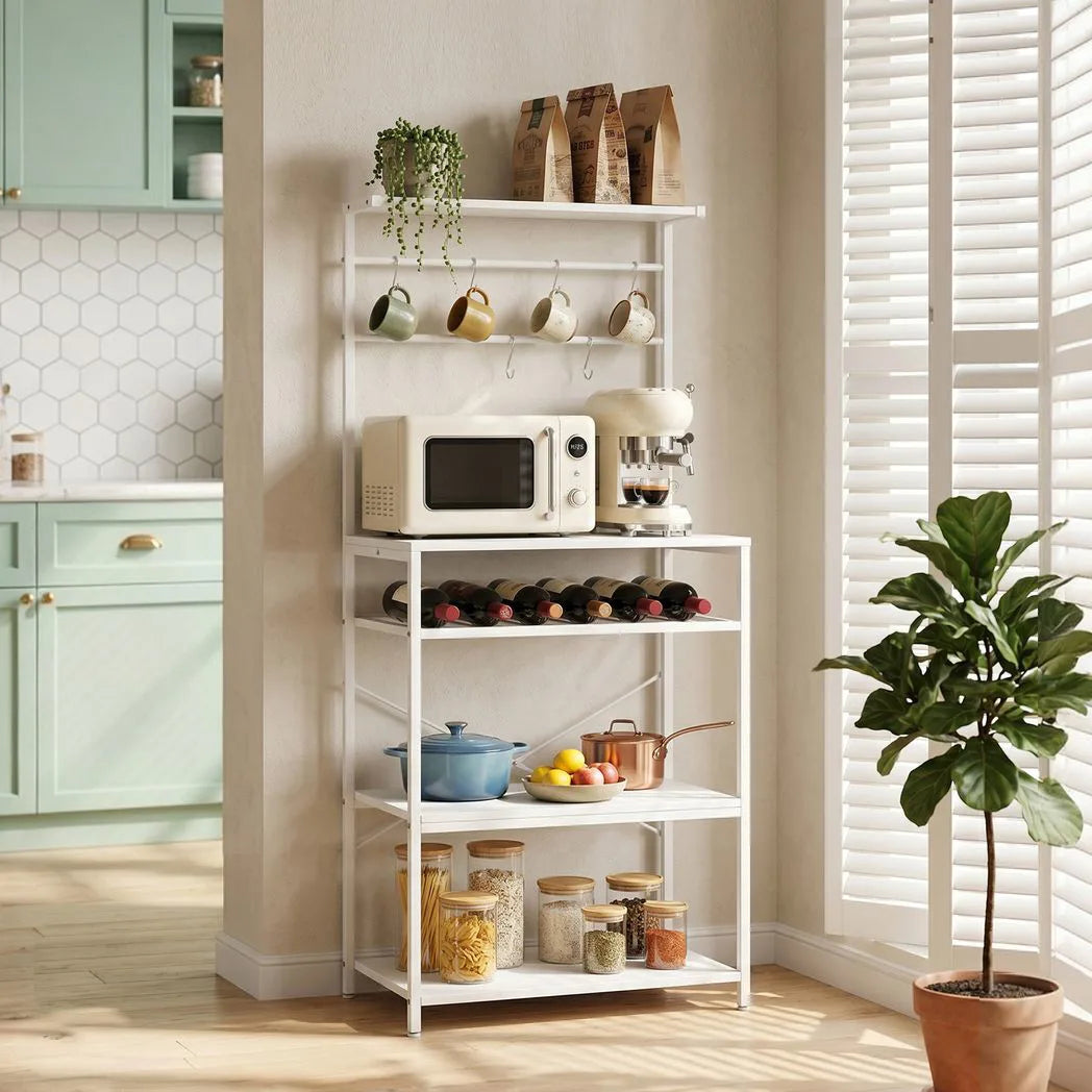 HOMCOM Freestanding Industrial Shelving Unit with Wine Rack and 6 Hooks – Home Office Storage, White