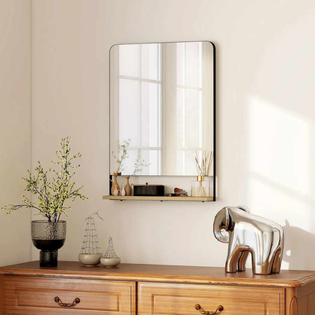 HOMCOM Wall Mirror with Wood Shelf – Black
