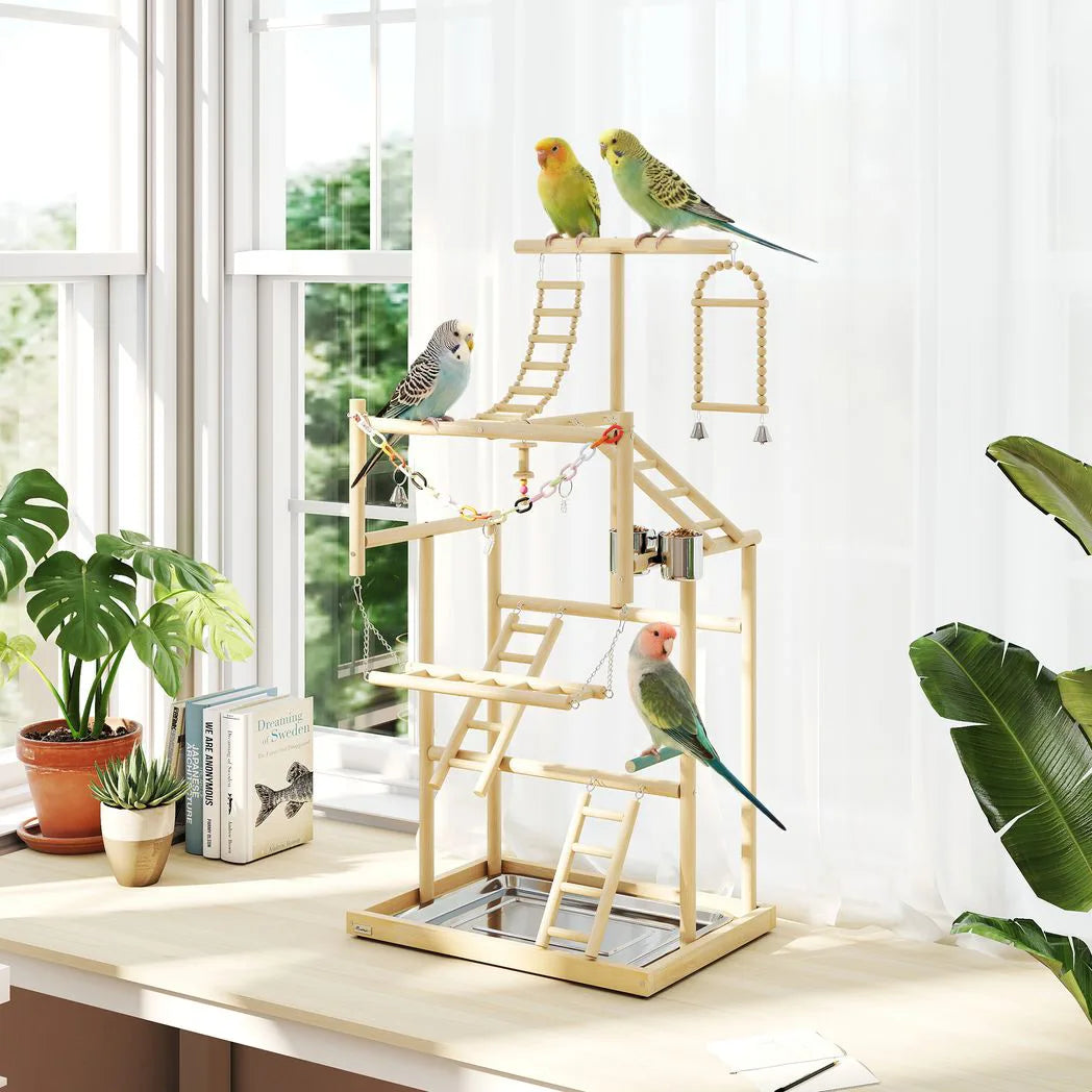 PawHut 95 cm Wooden Bird Playground with Ladders, Chain Toy and Steel Tray – Parrot Play Stand, Natural