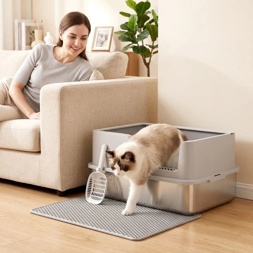 PawHut XL Stainless Steel Cat Litter Tray with Lid, Scoop and Mat – High-Sided Litter Box, Light Grey