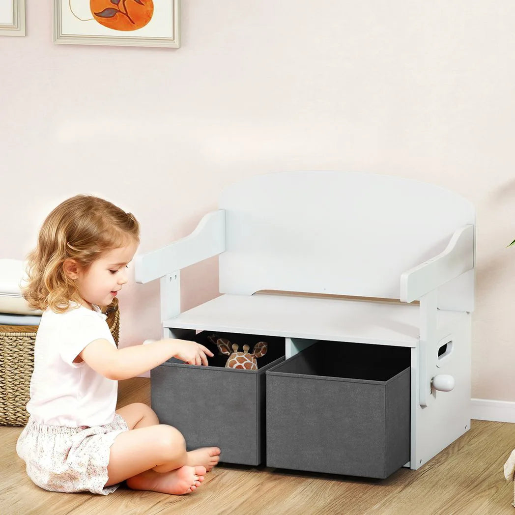 AIYAPLAY 3 in 1 Kids Storage Bench – Convertible Table and Chair Set with 2 Fabric Bins and Toy Box, White