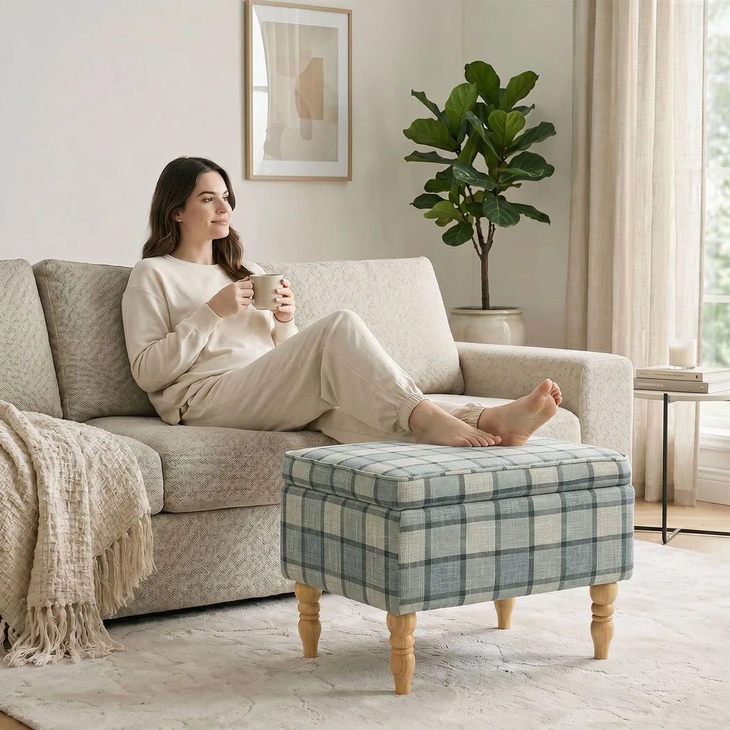 HOMCOM Linen Upholstered Footstool with Hidden Storage – Rectangular Ottoman with Flip-Top Tray Lid, Grey